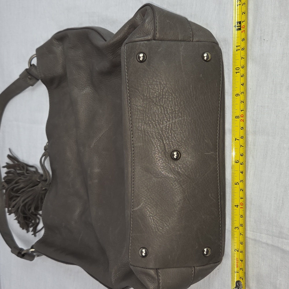 FRYE Smoke Gray Leather Purse With Fringe Tassle HOBO Handbag Shoulder Bag NWT - Picture 5 of 12